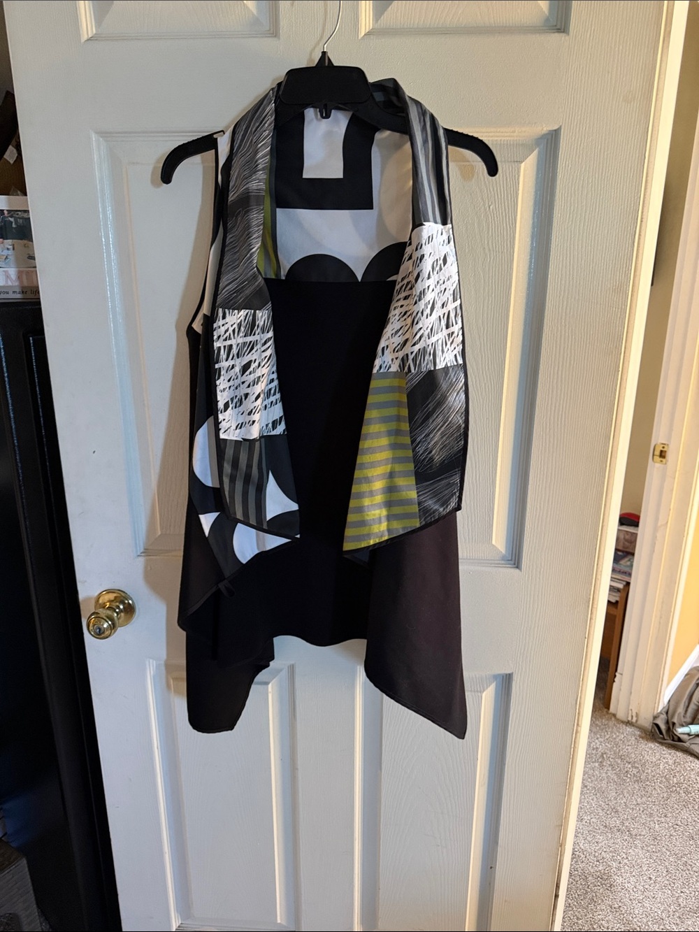 Black Draped Women's Vest with Graphic Print Scarf Detail